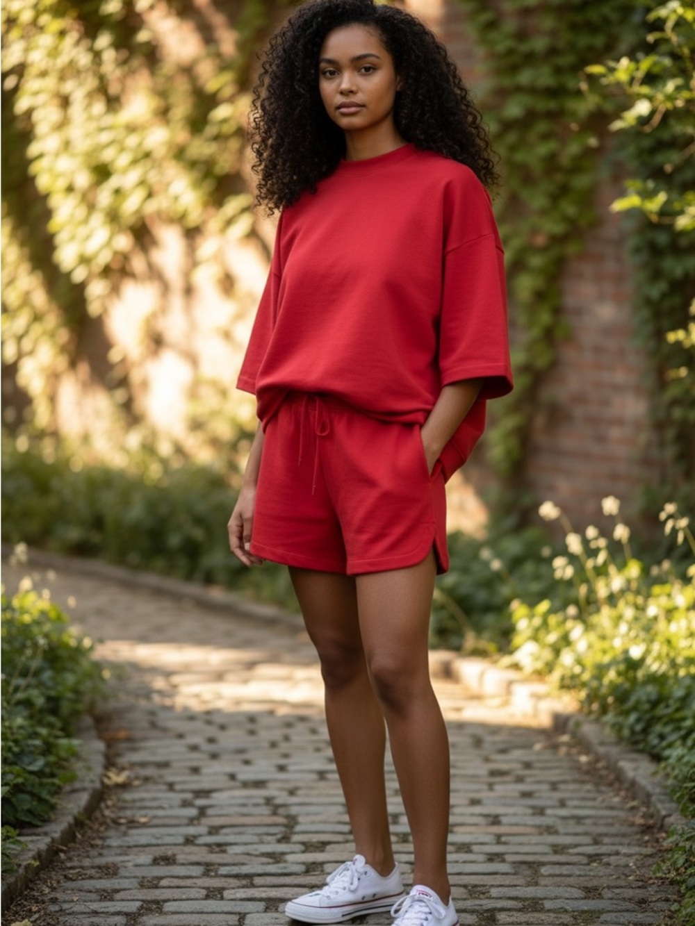 Bold Red Oversized Short Sleeve Top & Drawstring Shorts Set
